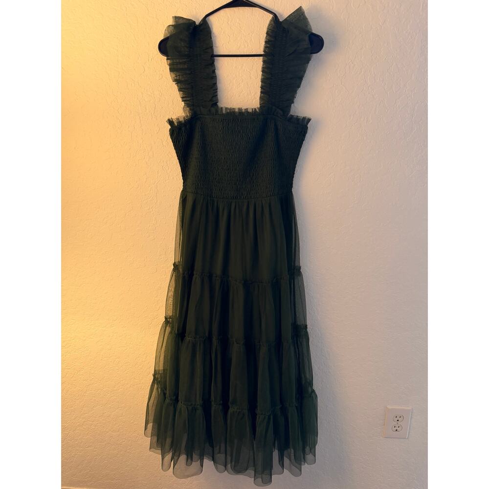 Baltic Born Olive Green Tiered Tulle Midi Dress Smocked Bodice Size M